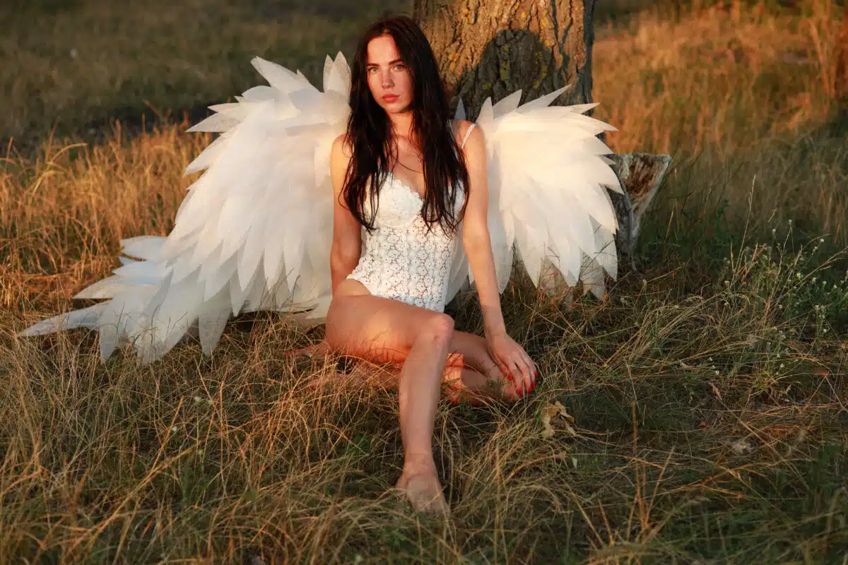 Beautiful brunette woman with white wings