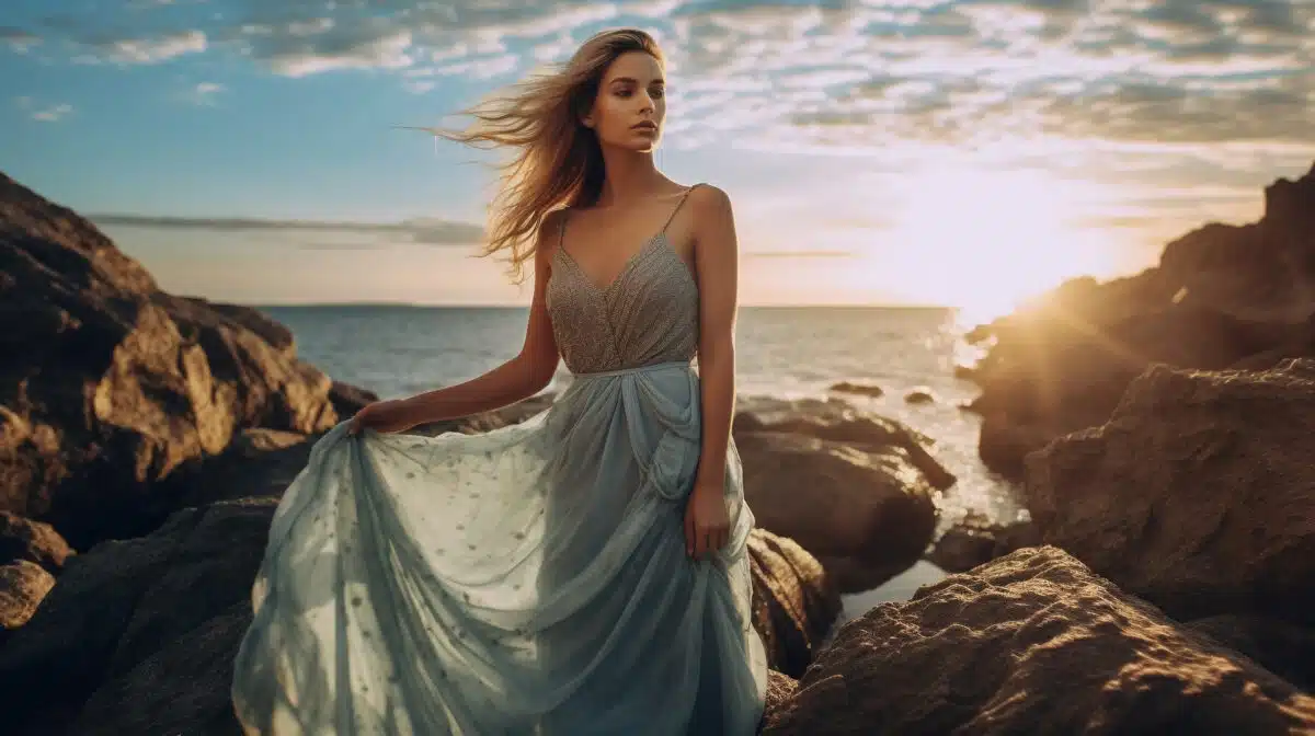 a sensual woman with blond hair in elegant dress posing on the beach at sunset