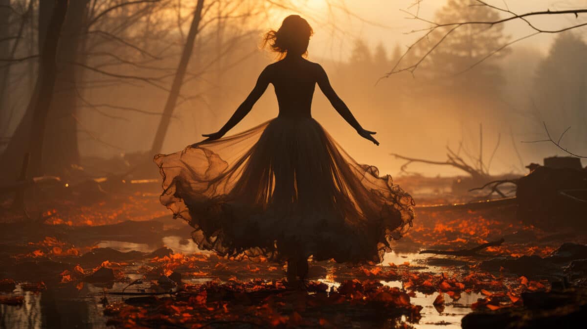 silhouette of a romantic woman in a flowy dress that glow by the forest morning light 