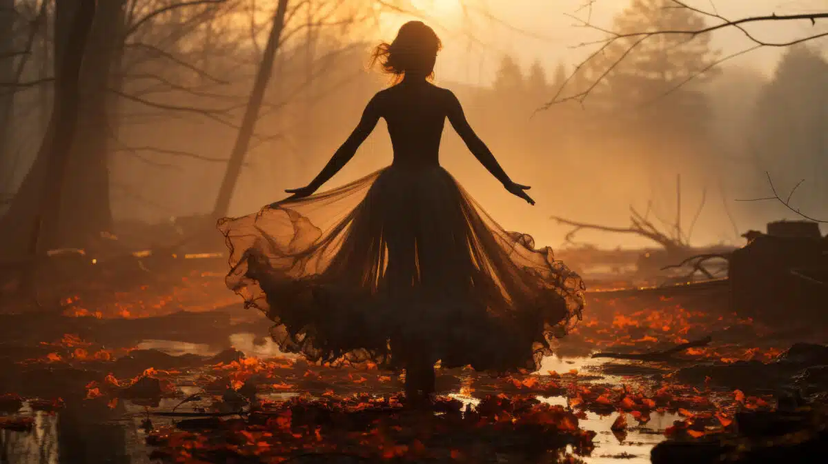 silhouette of a romantic woman in a flowy dress that glow by the forest morning light 