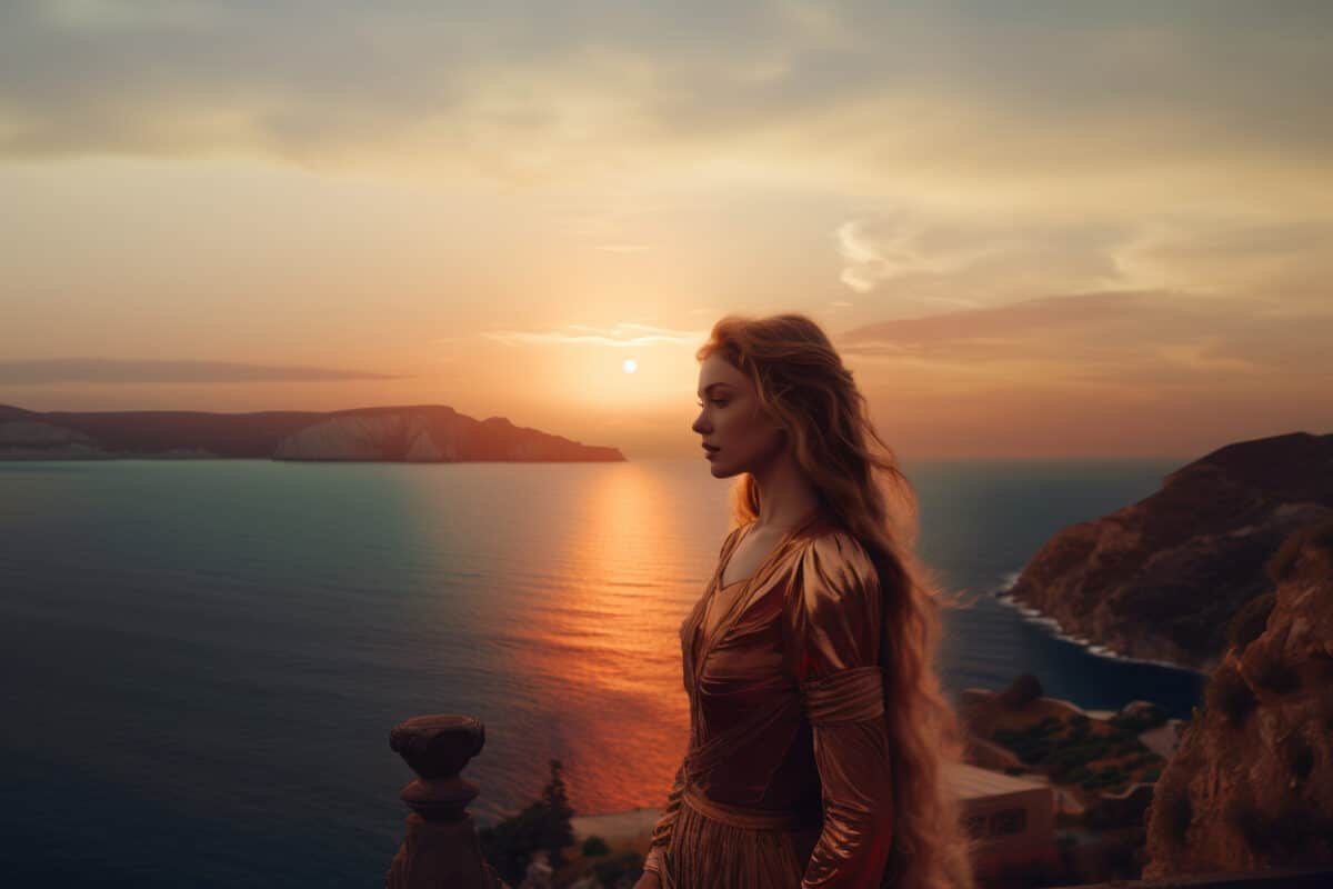 illustration of a woman/book character in formal clothes overlooking the coastline  during sunset looking lost/sad/thoughtful reminding of Scottish landscapes