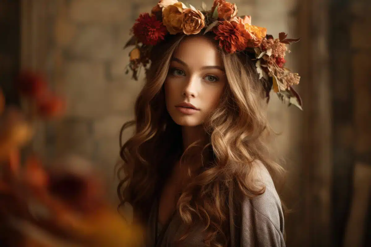 Woman With A Rustic Autumn Floral Crown, Celebrating The Natural Beauty Of The Autumn Season