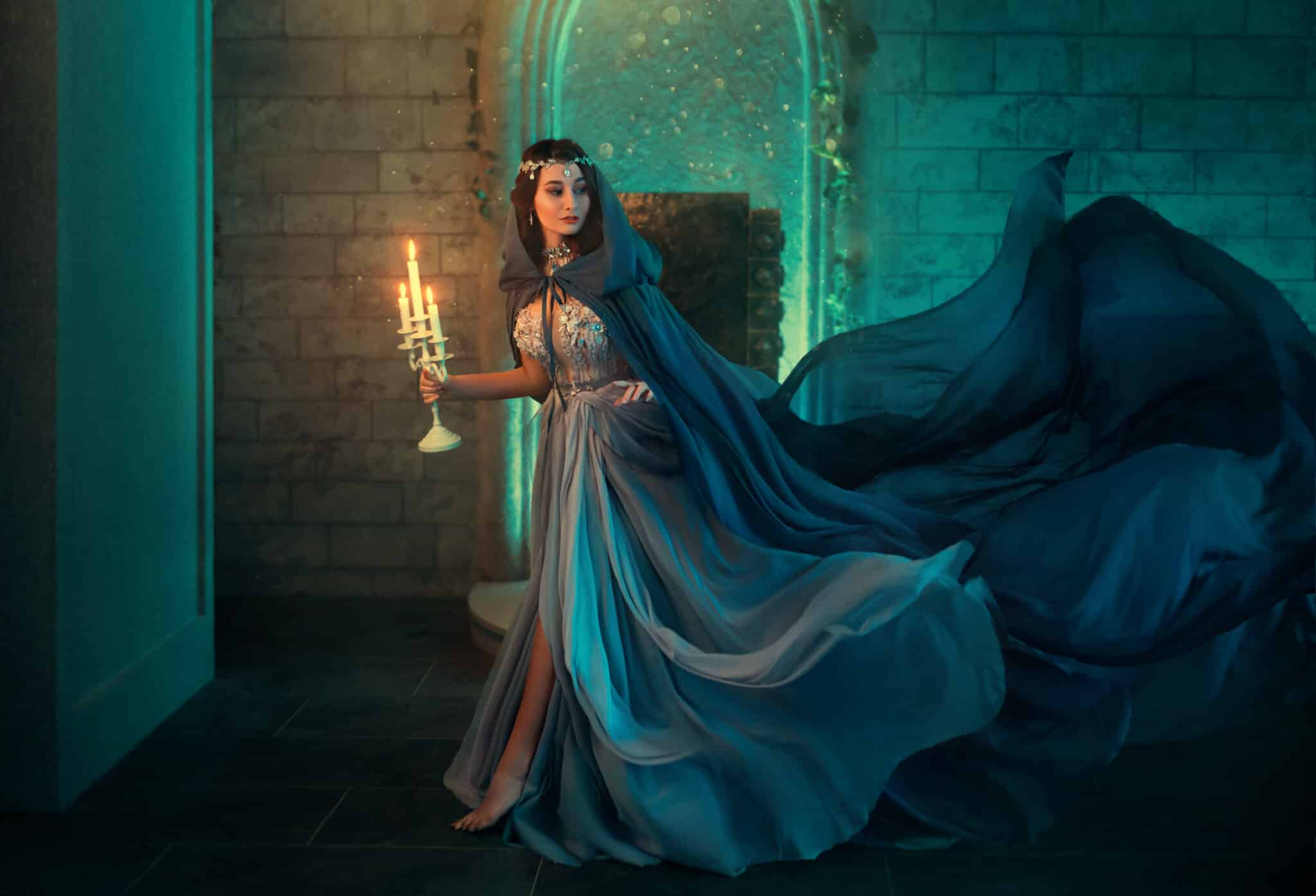 Luxury lady Queen medieval royal dress run escapes from Gothic night castle. 