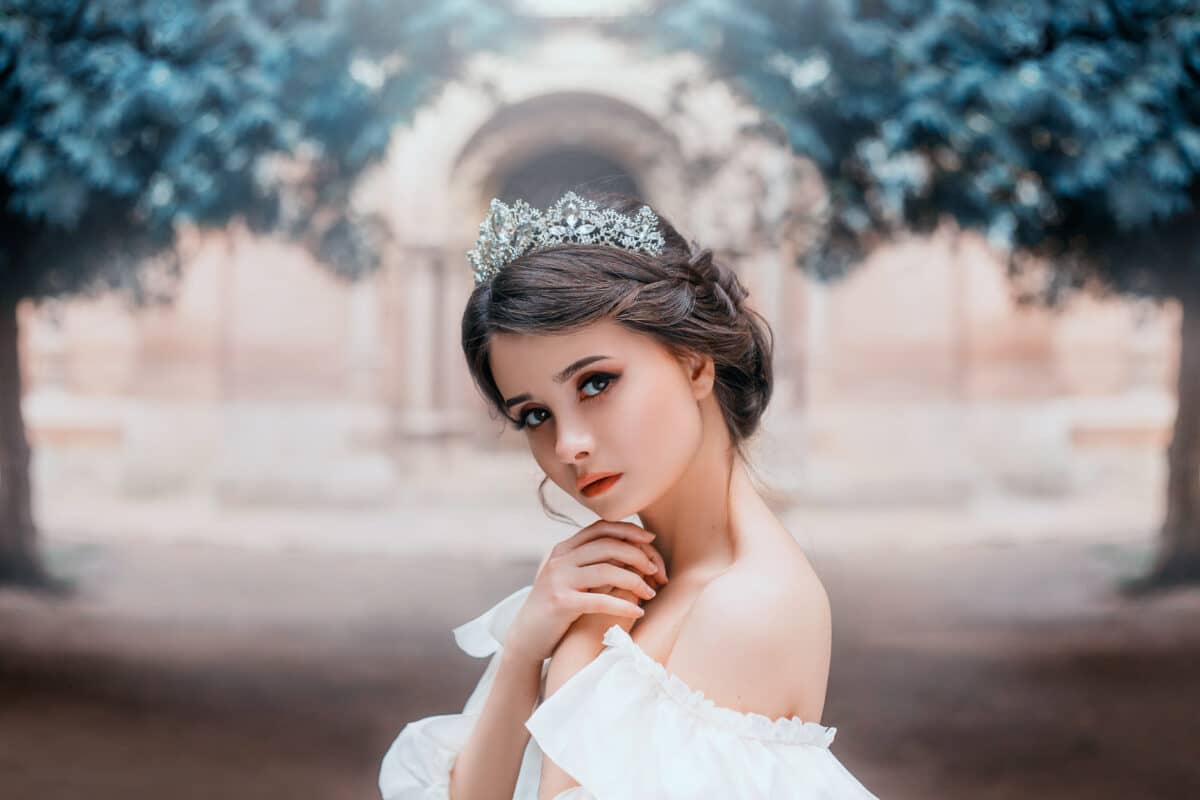 lovely tender girl with perfect skin and dark magnificent eyes, wonderful work of hairdresser and gathered brown hair with silver tiara, light natural make-up, portrait photo and creative colors