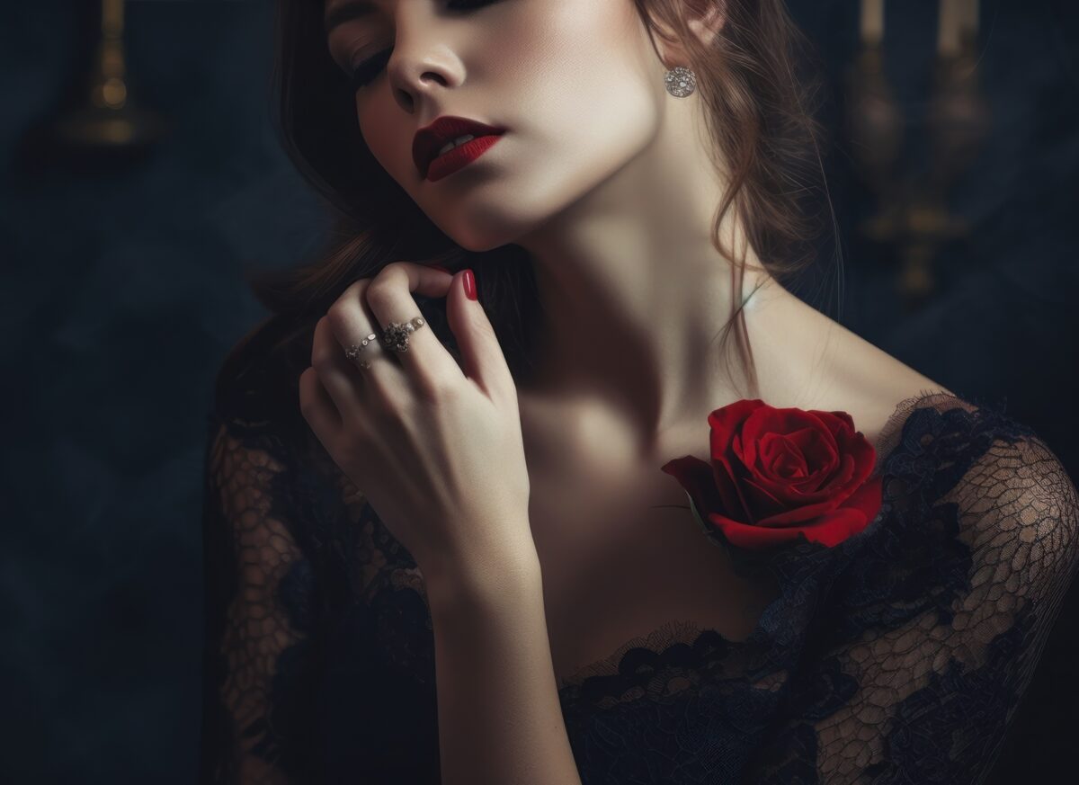 a romantic lady in red with a rose on her chest