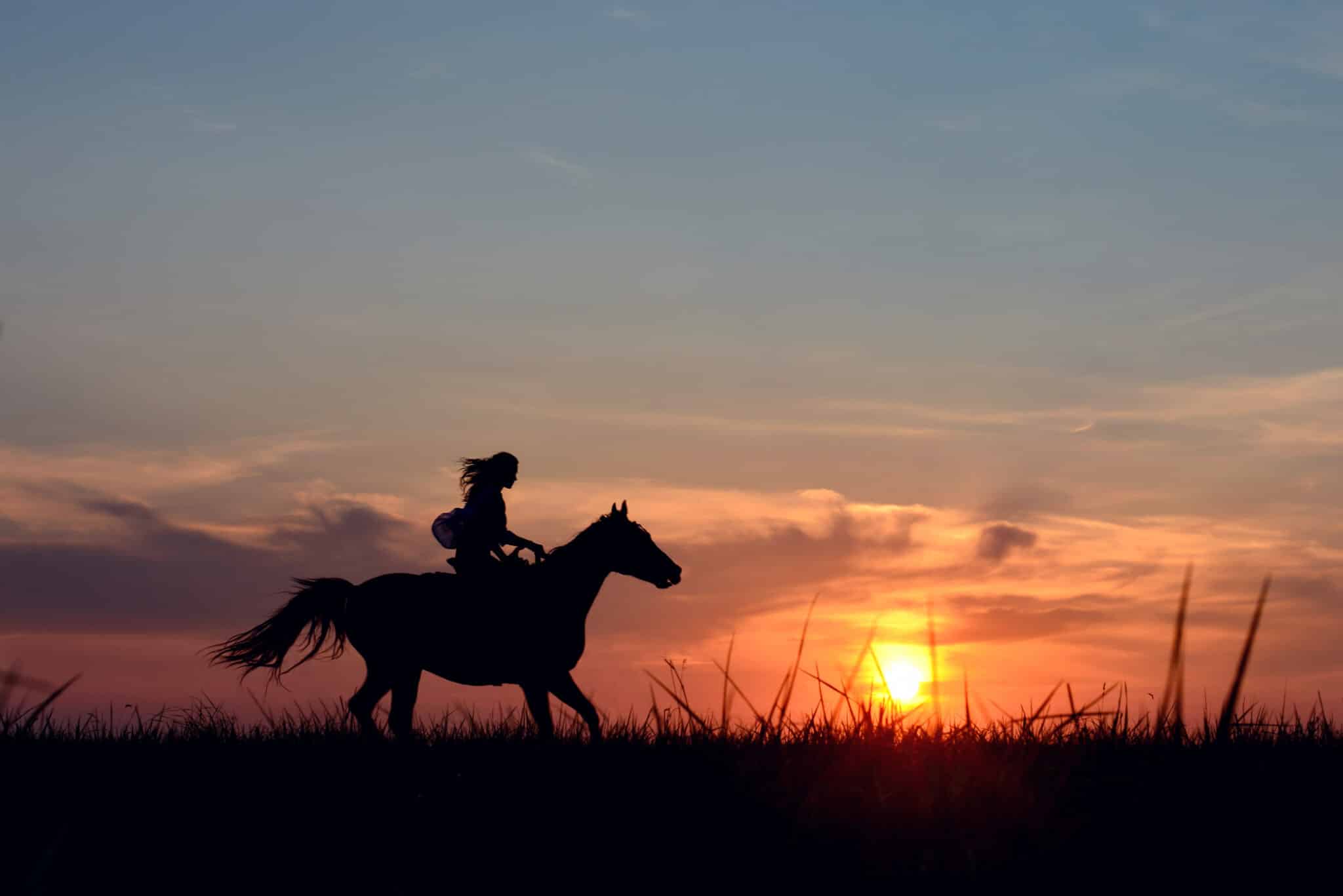 Romantic equine and girls silhouette on horse hiking with red ri