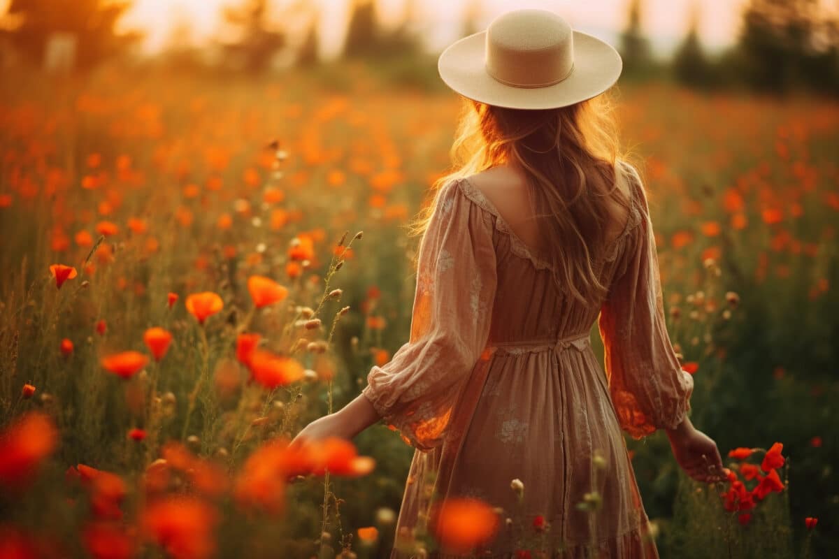 a woman in rustic dress and hat walking in summer meadow among poppy and wildflowers at sunset