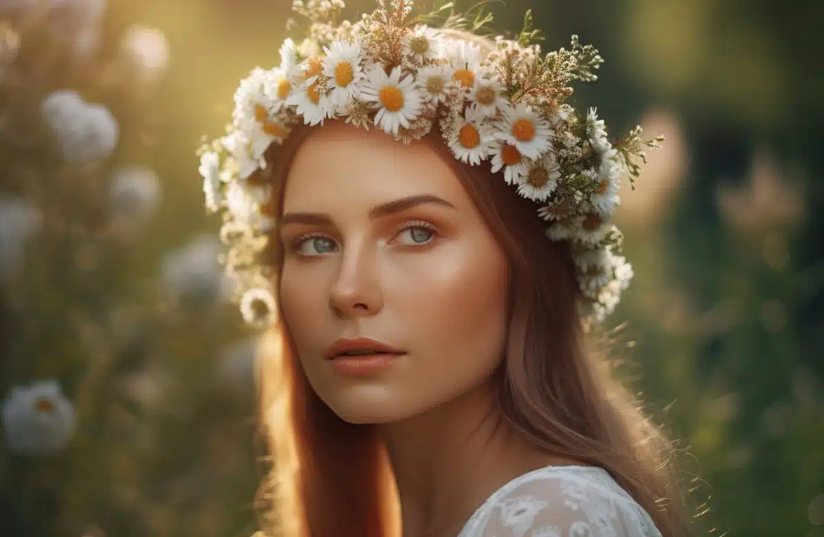 a sad looking lady with a wreath of wildflowers atop her head