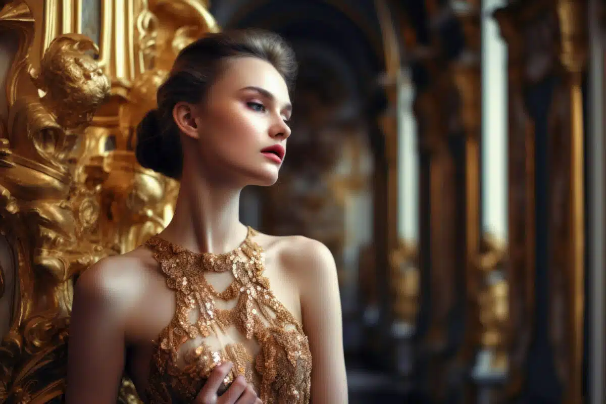 a stunning woman wearing golden ball gown in a baroque palace