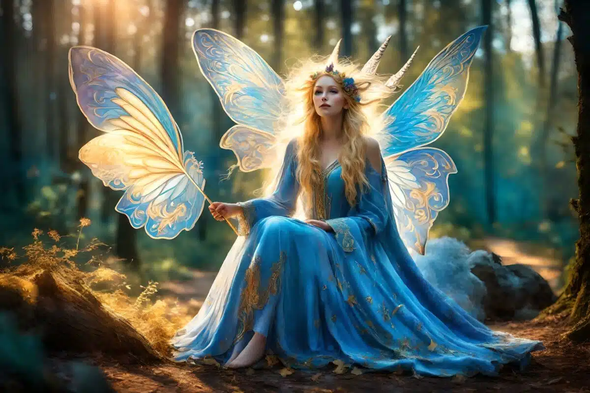 a beautiful fairy with blue wings in a blue dress with magic wand in her hand