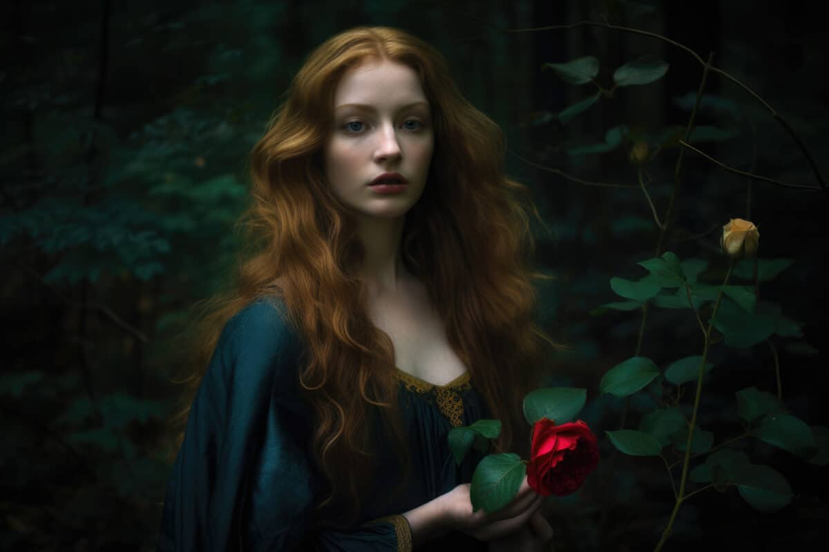 a woman with flowing golden hair and a red rose in her hand, standing in front of a dark and mysterious forest