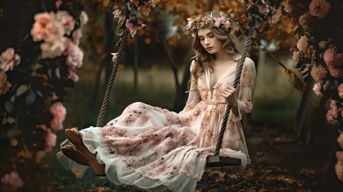 a beautiful but melancholic woman sitting on vintage flowers swing
