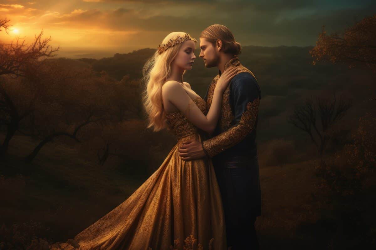 romantic royal couple hugging at sunset