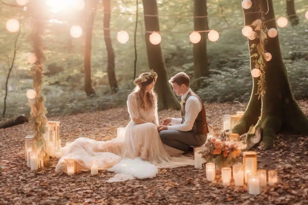 whimsical woodland wedding with the bride and groom surrounded by towering trees and twinkling fairy lights