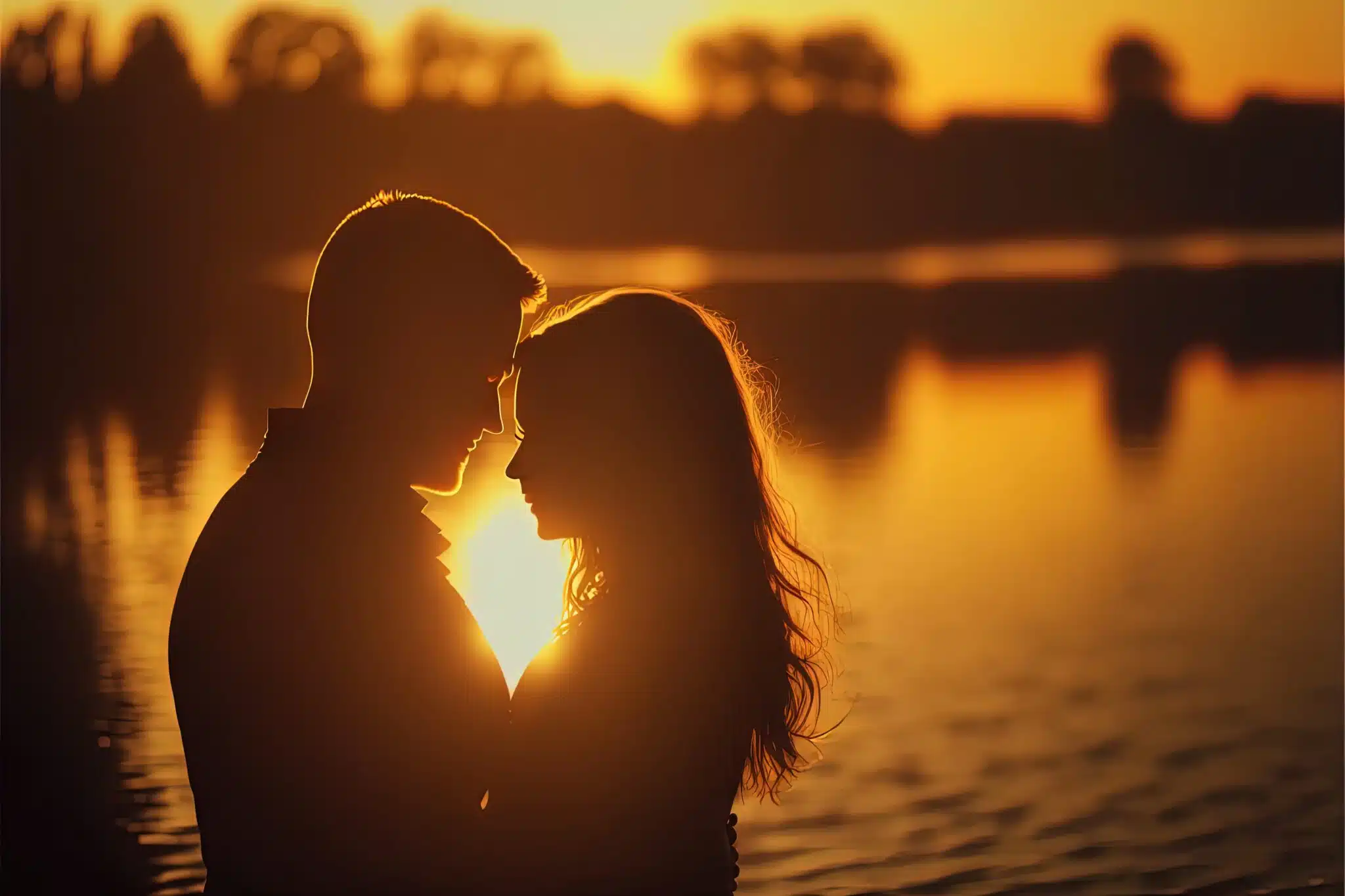 a couple is standing close to each other in front of a lake at sunset