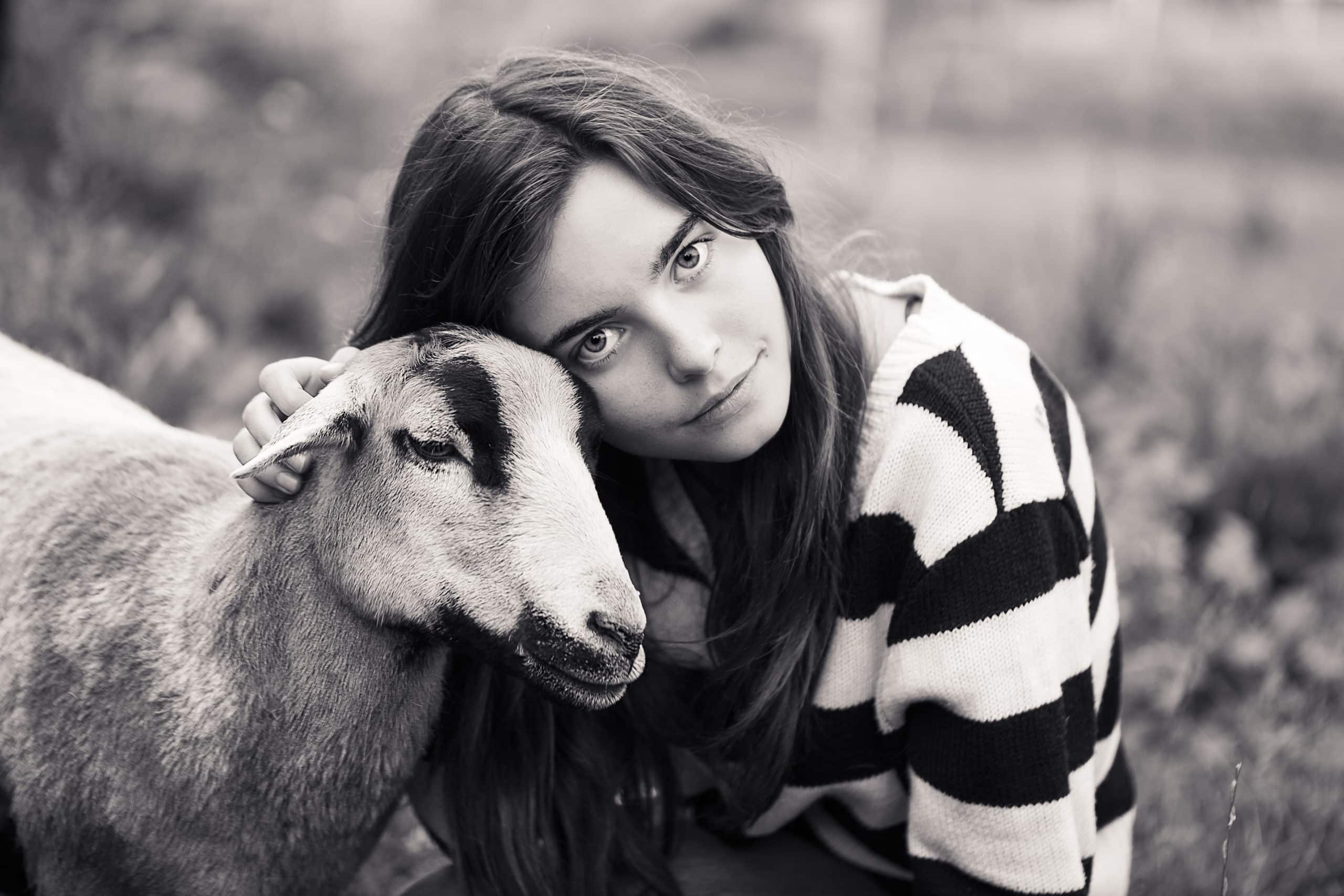 Young woman stroking a brown sheep on a farm