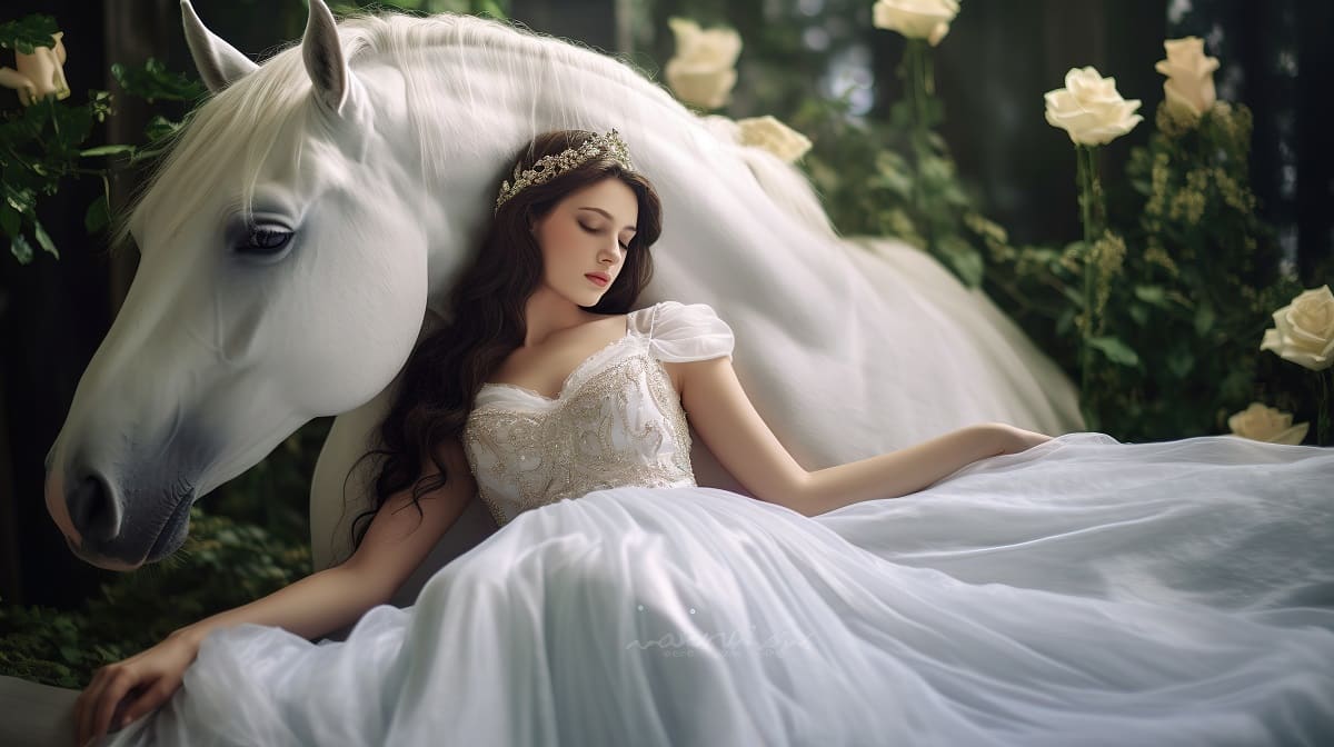 a beautiful  princess lies in a forest with her white horse