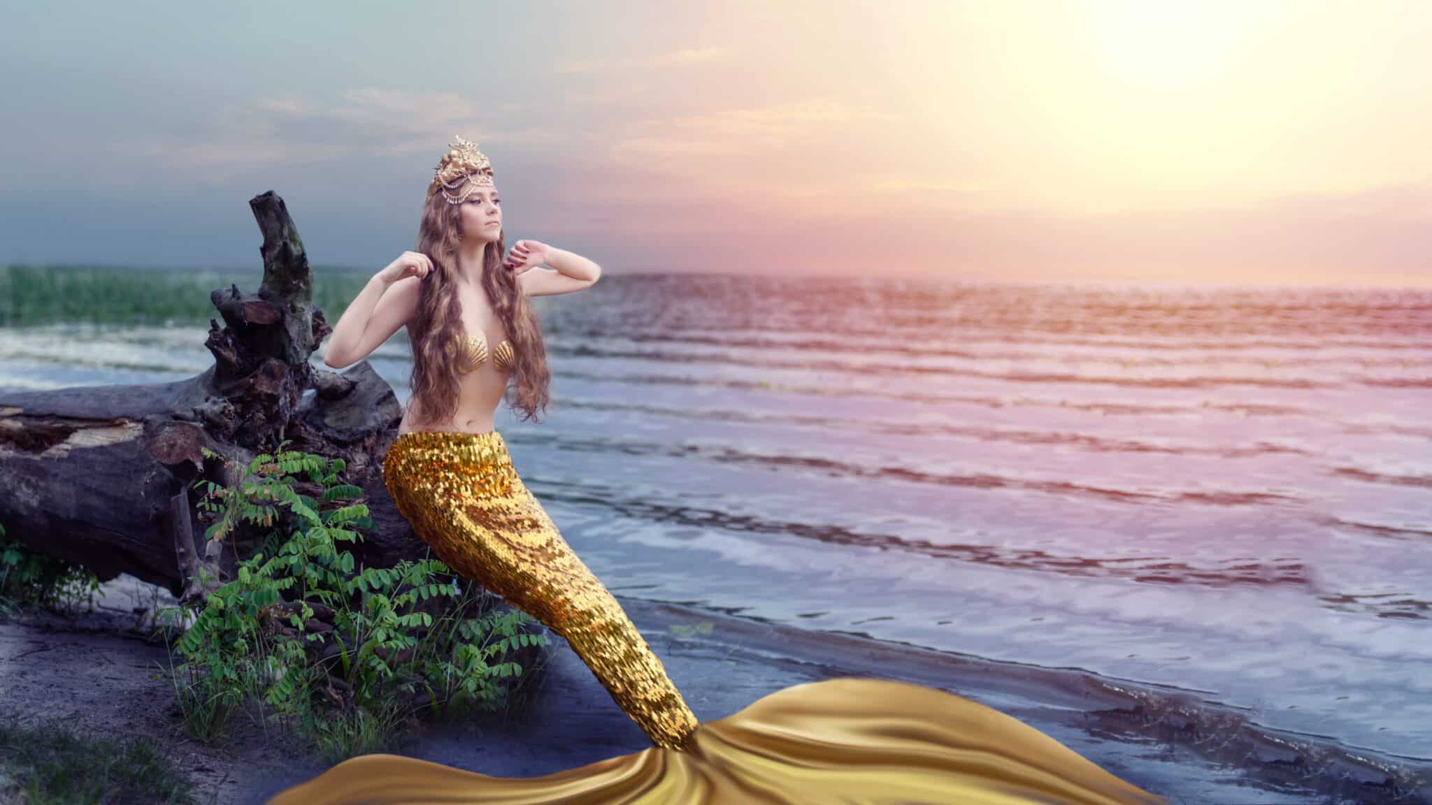 a mermaid sitting on a rock on the beach