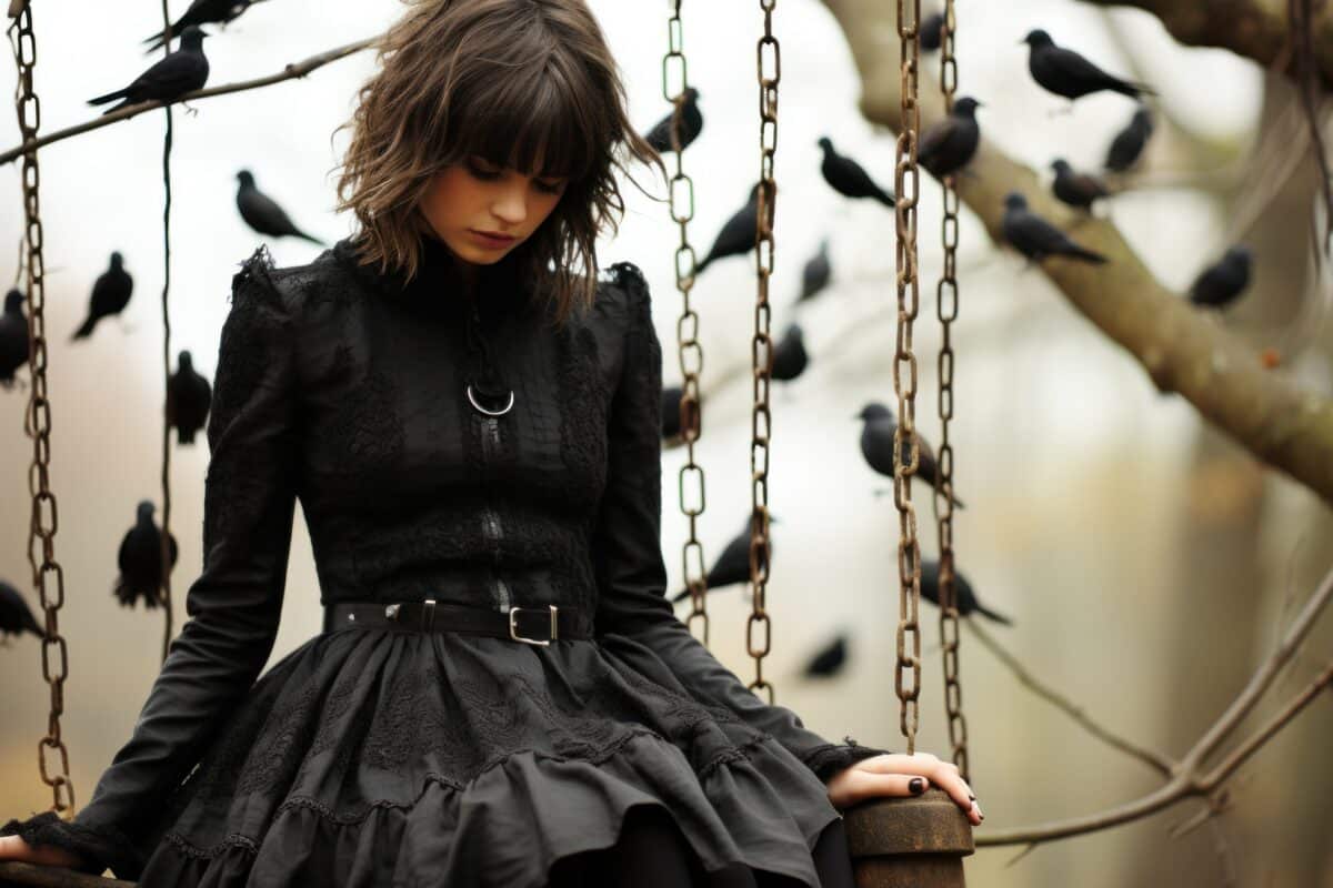 a melancholic woman in a black dress is sitting on a swing with crows in the background