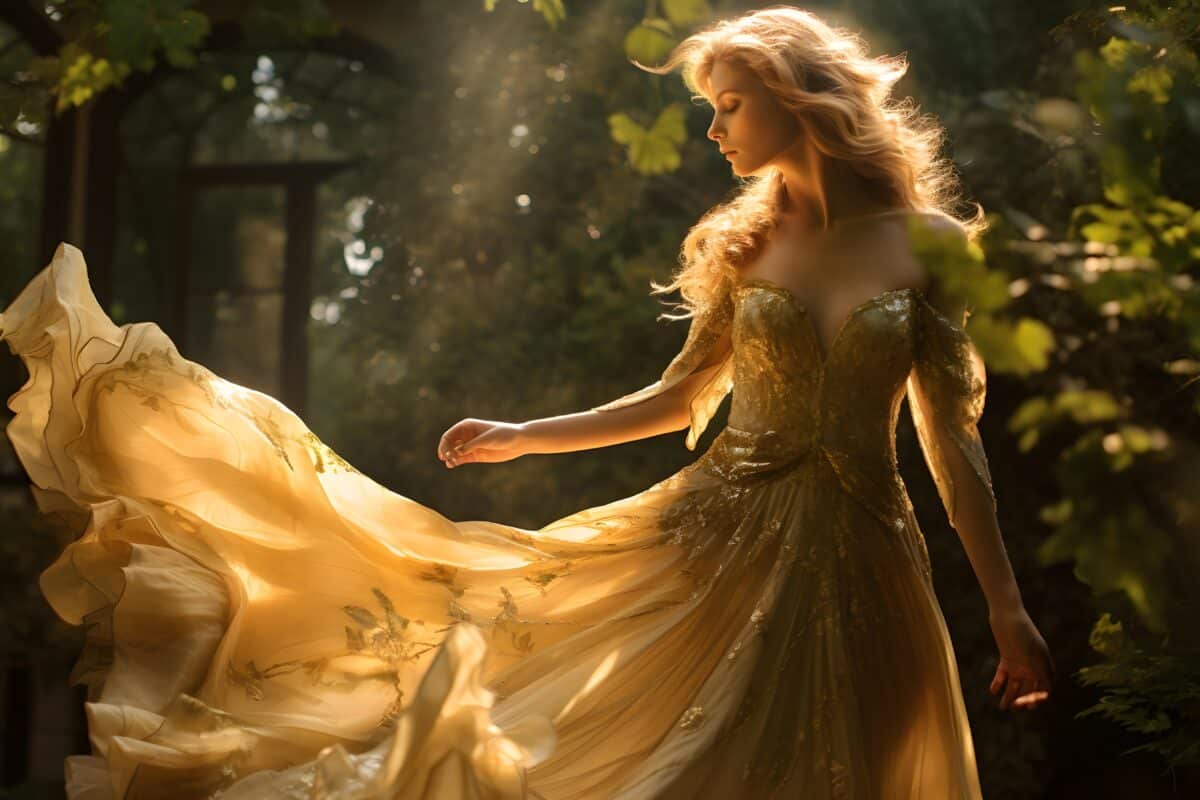 an enchanting lady in a golden dress standing in the forest in gloomy atmosphere