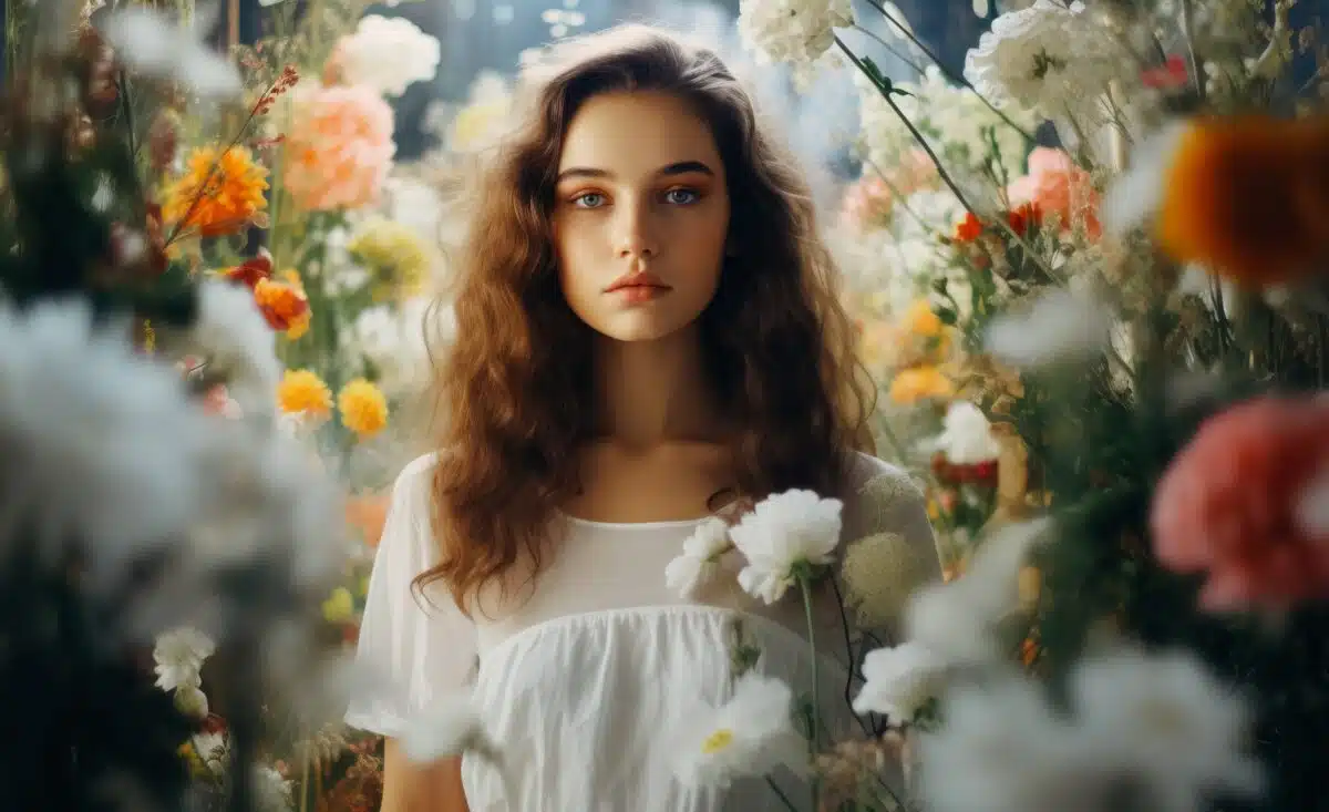 a young woman in white amidst flowers