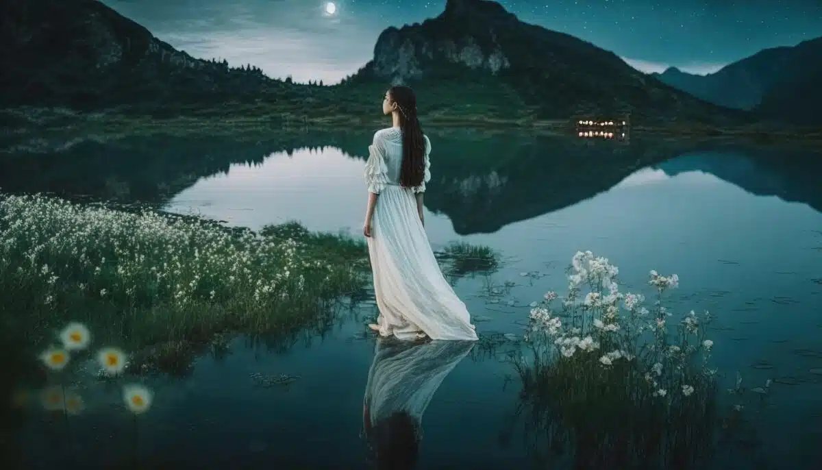 a woman in a white dress standing in the placide water at night with a full moon in the sky above her and flowers in the foreground