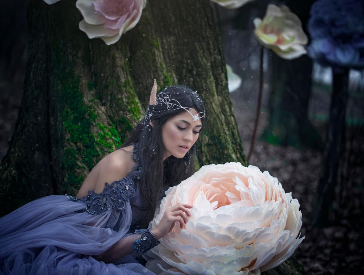 Elven tale: dark-haired elf with a pink peony flower in a fairy