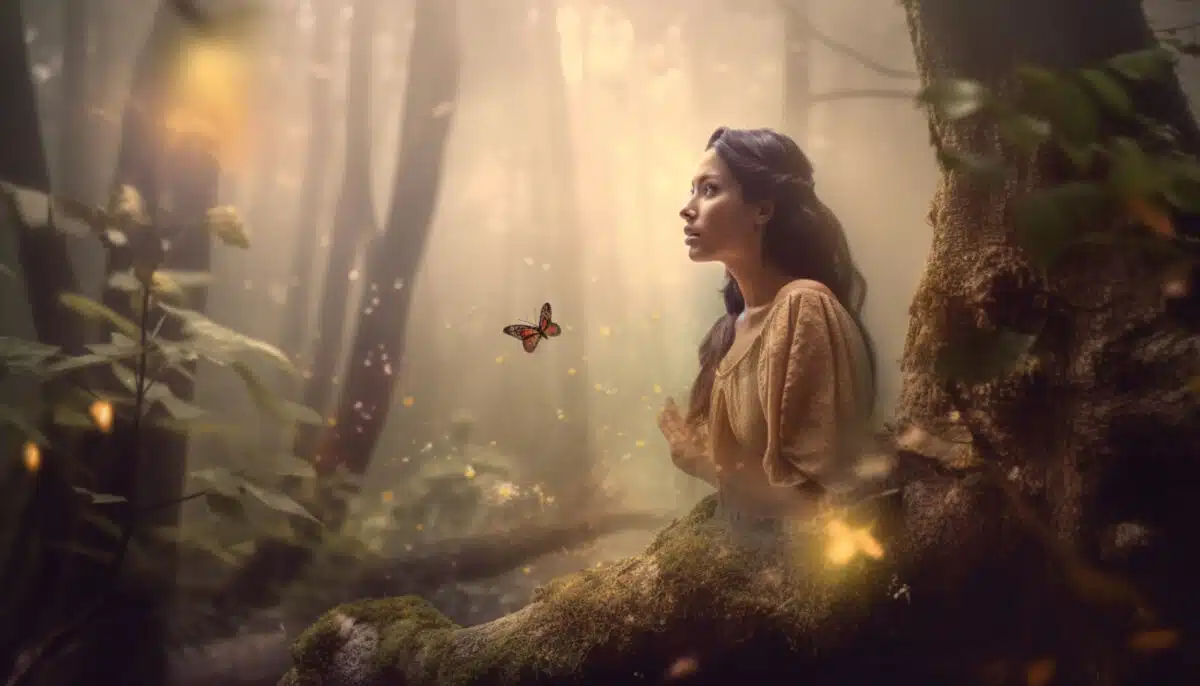 a mysterious woman in the forest and a lone butterfly fluttering in front of her