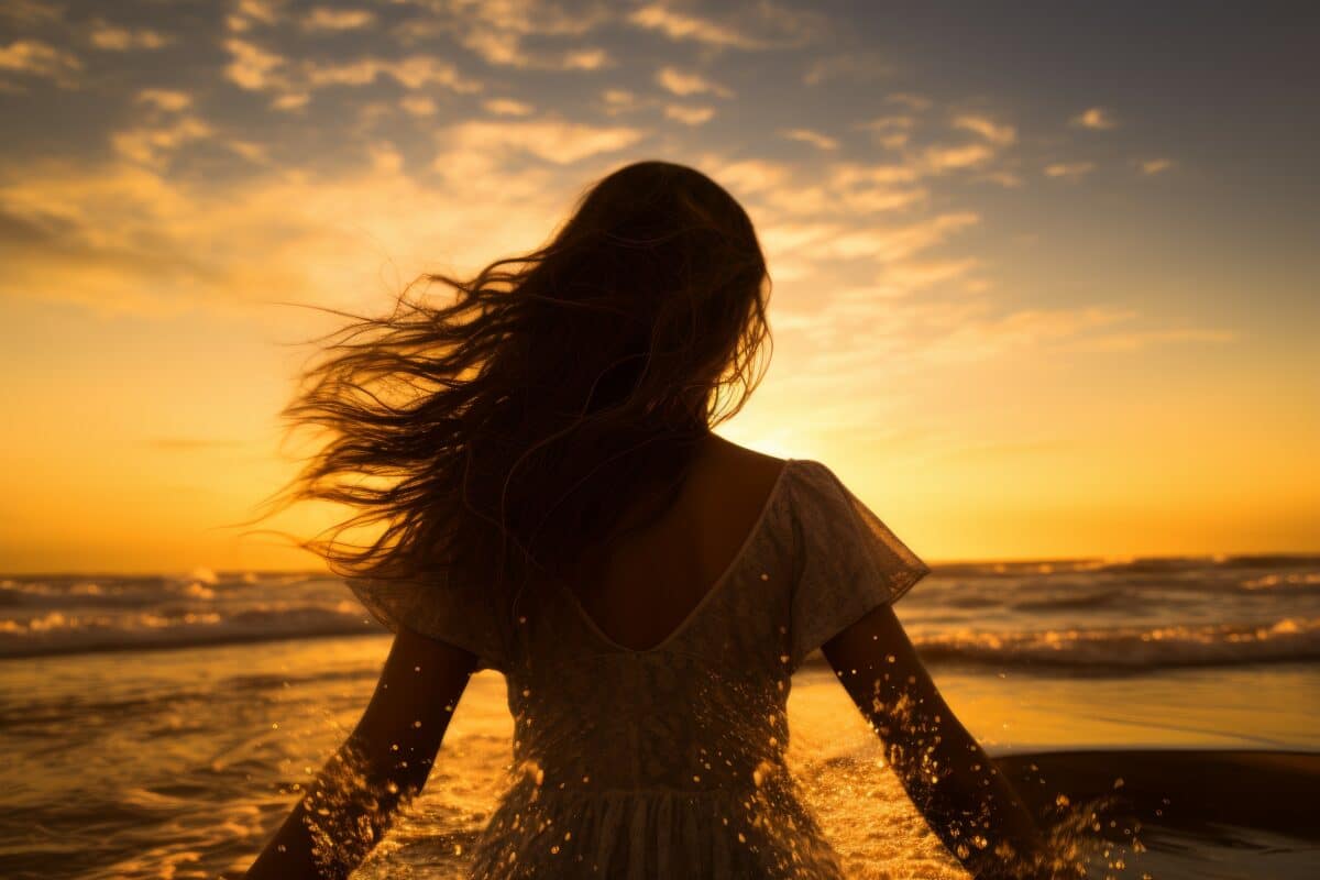 Girl on beach sunset splash. Generate Ai