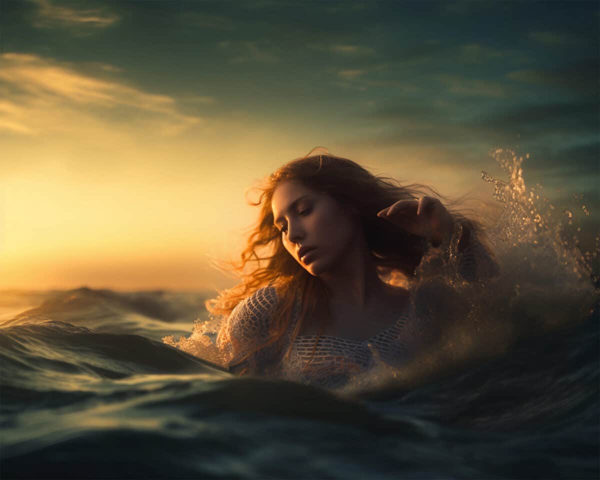 Modern version of Birth of Venus, a beautiful woman floating in the waves of the ocean at sunset, in the style of realistic fantasy, flowing fabrics, feminine beauty portraiture, intense and dramatic