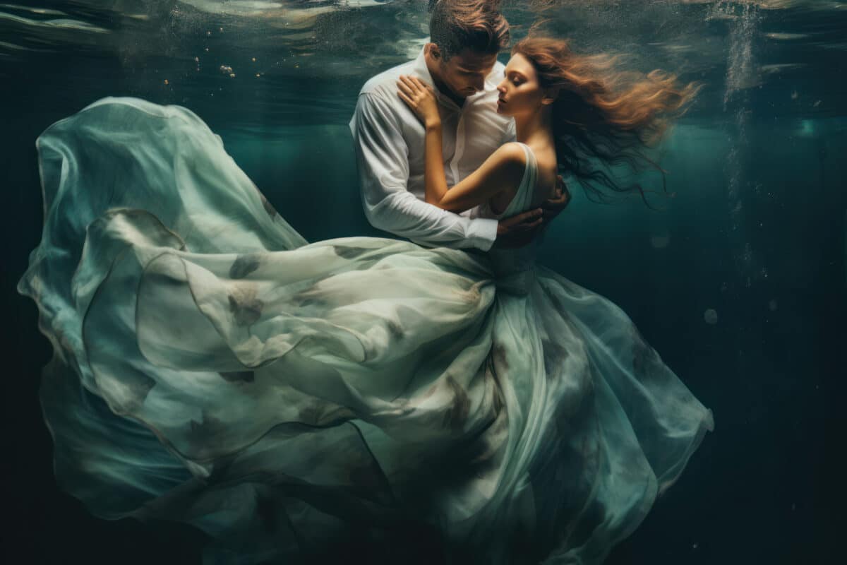 Beautiful young couple in love underwater. Man and woman in love