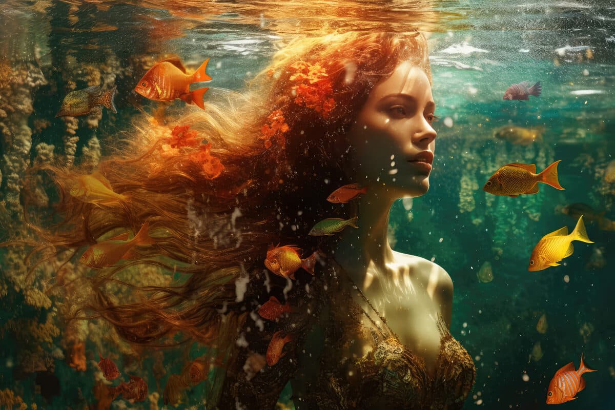 A mermaid with long red hair swims in the water in the ocean near fish and reefs. A fabulous girl under the water. generative ai