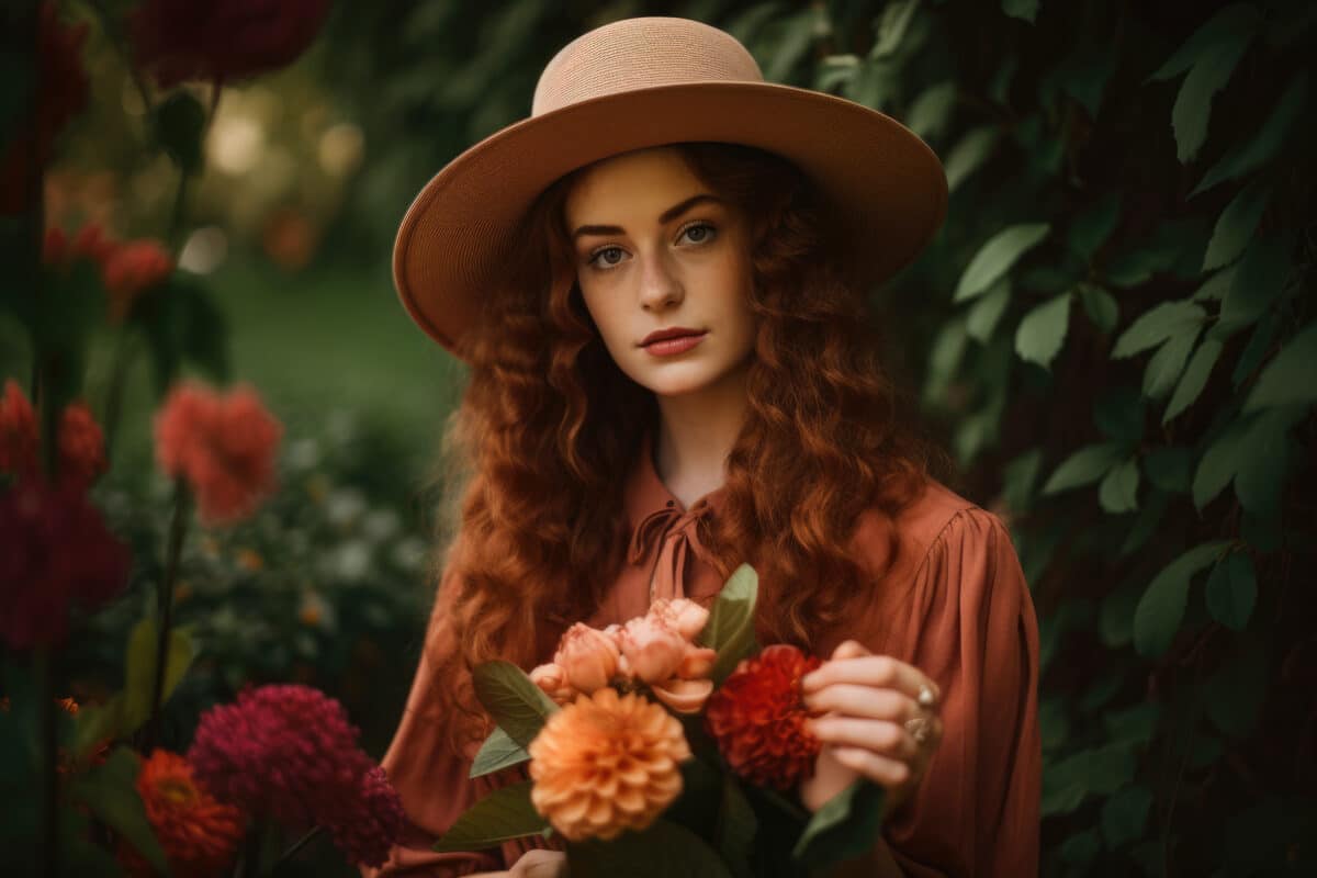 Portrait of a woman with long curly hair wearing a brick-red hat and holding a bouquet of flowers, standing in a lush garden, generative ai