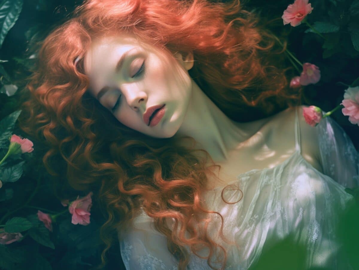 portrait of red haired woman in garden eden surrounded by flowers, generative ai