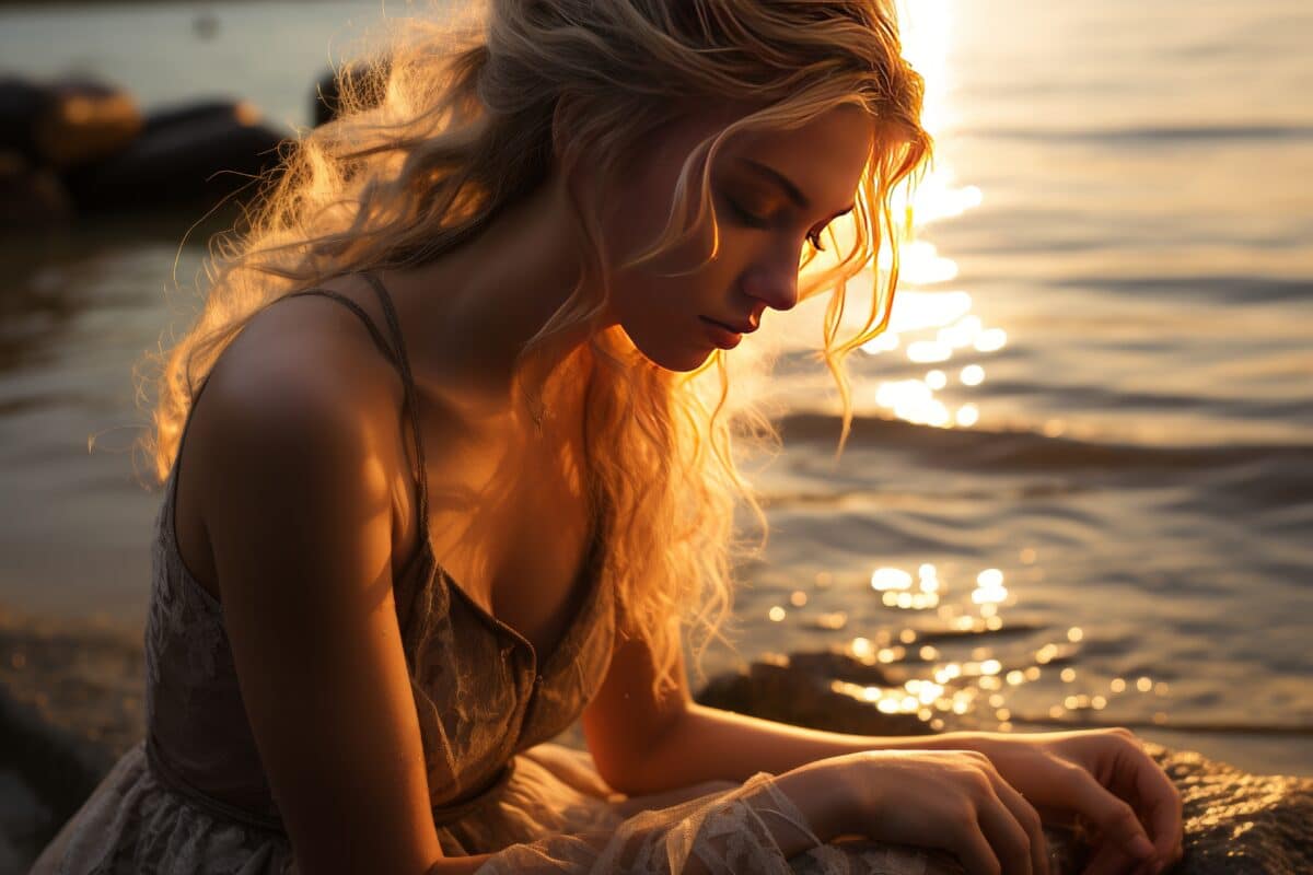 young woman on the beach at sunset suffering from depression, sadness and loneliness
