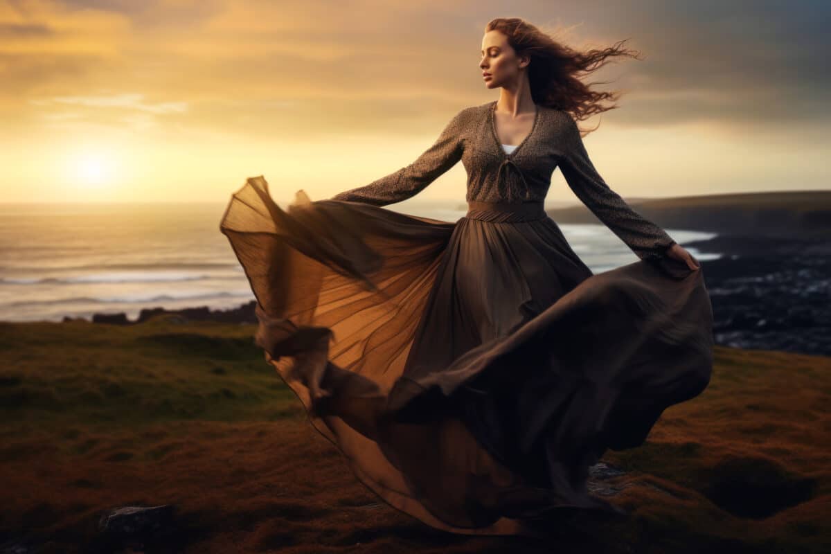 a mysterious woman dancing on an Irish shore at dawn