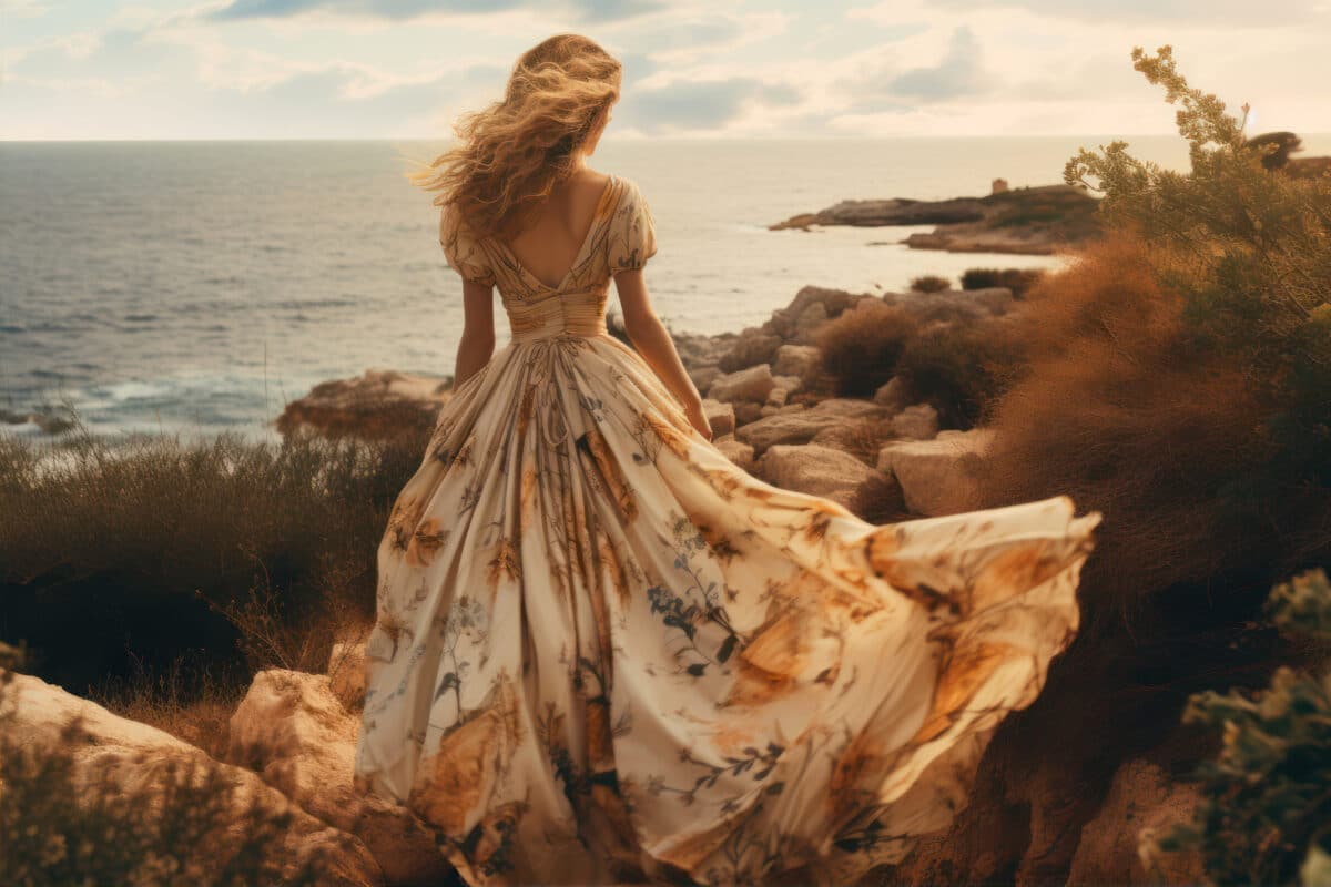 Beautiful girl in a long dress on the rocks by the sea