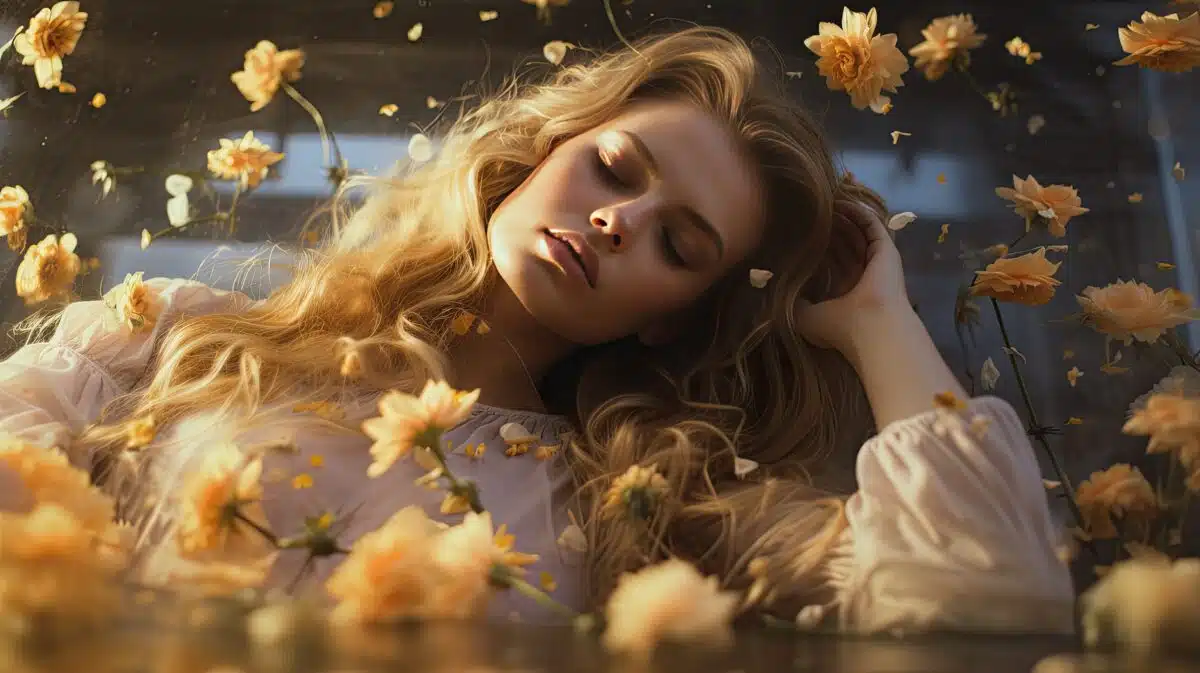 a dreamy and beautiful woman surrounded by floating golden petals and flowers, exuding a sense of otherworldly beauty and elegance