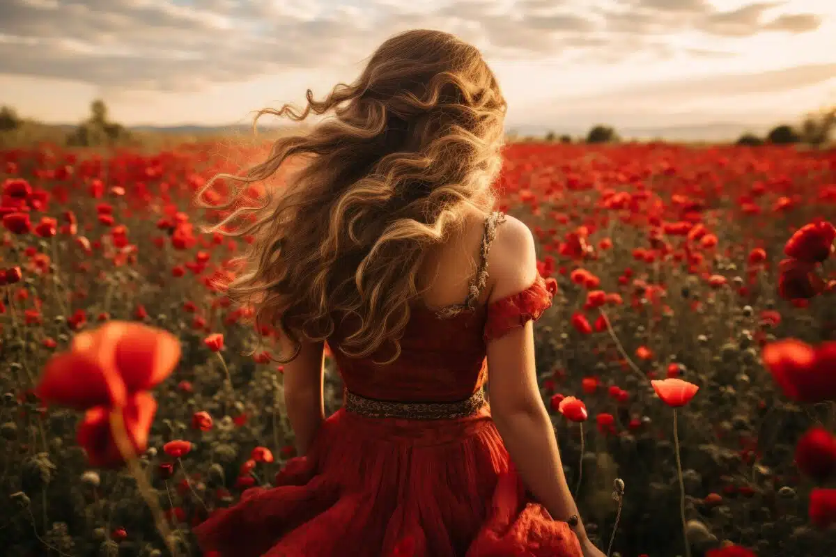 a woman in a poppies field at sunset