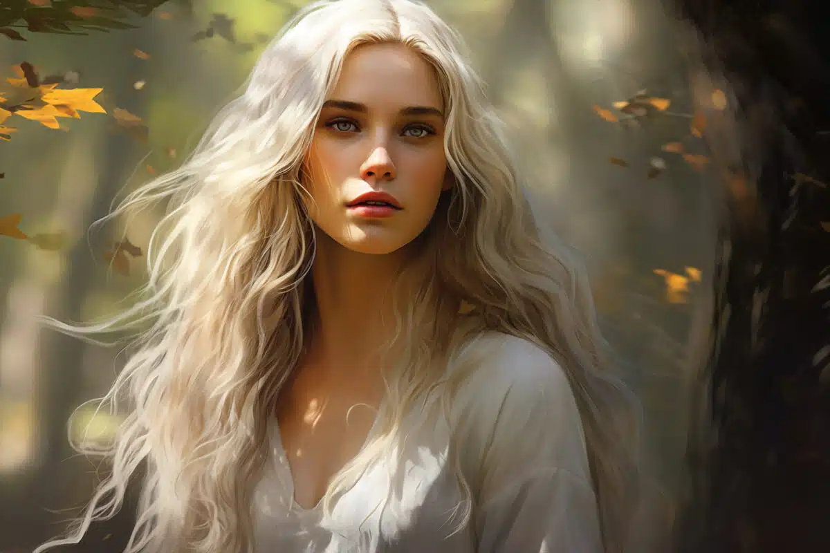 a young beautiful woman with long blond hair in the forest