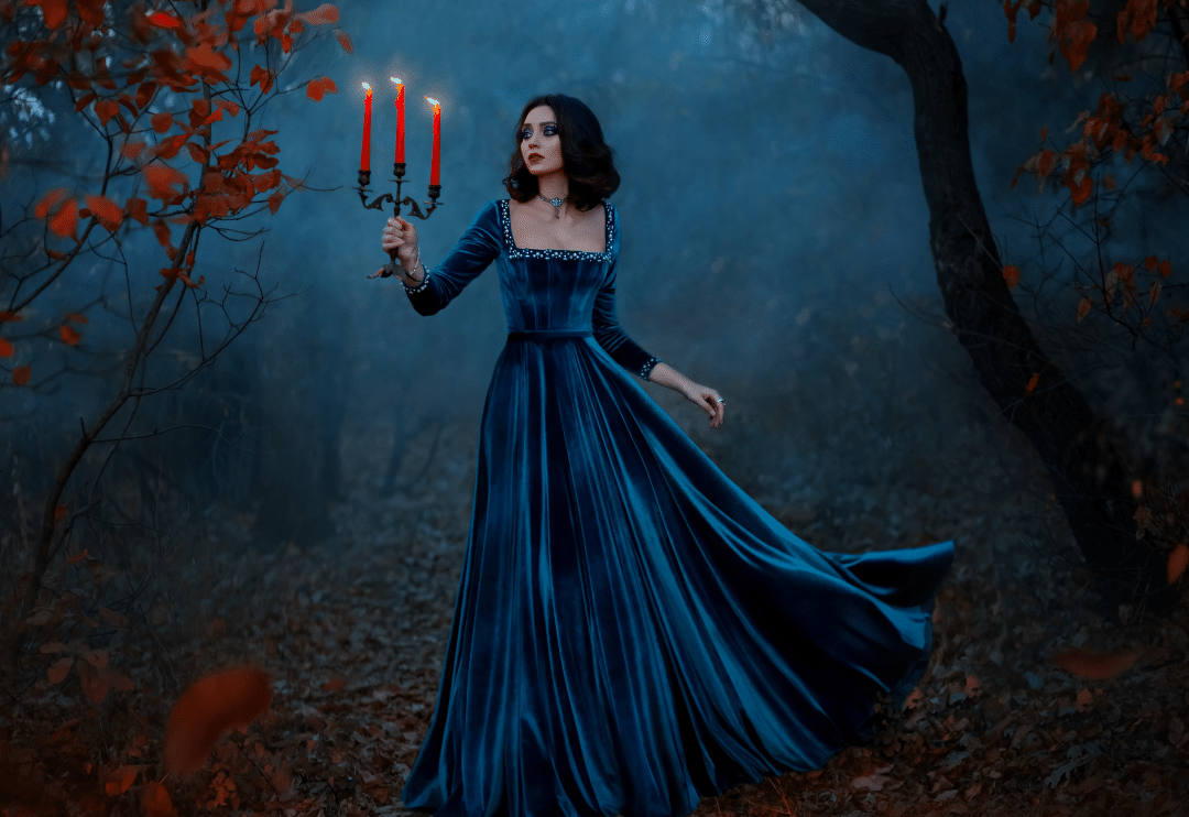 fantasy woman queen runs in dark forest