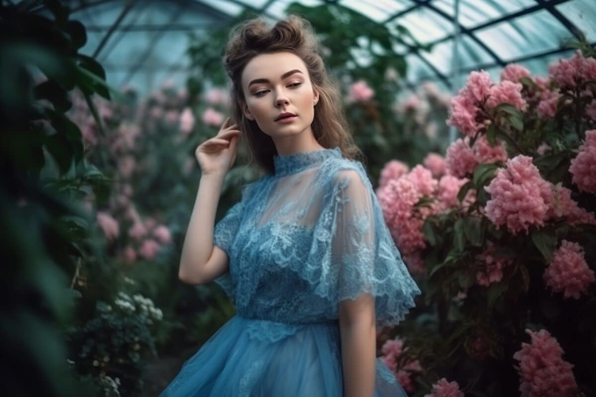 a romantic woman in a blue lace dress in a flower garden