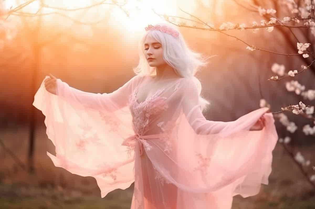 a beautiful blonde fairy in a delicate dress among the flowers in the gentle rays of the rising sun