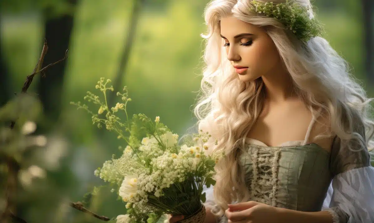 a blonde fairy princess amidst the forest's blooms