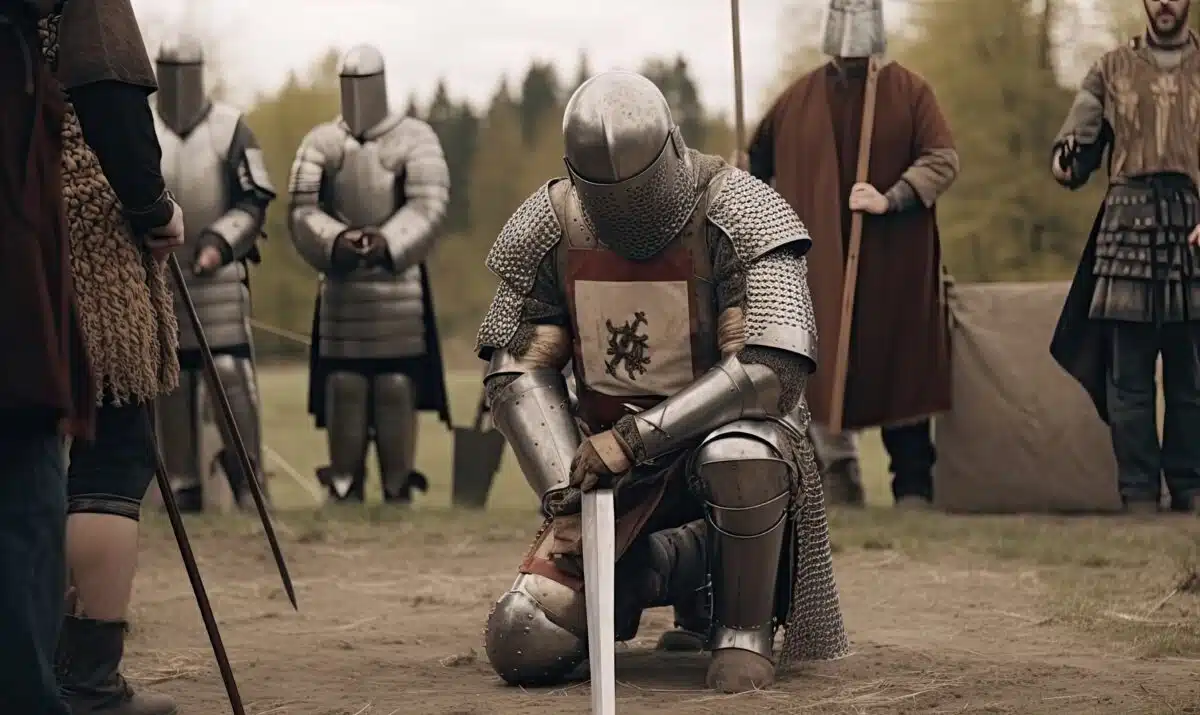 brave knights in silver armors in an open field