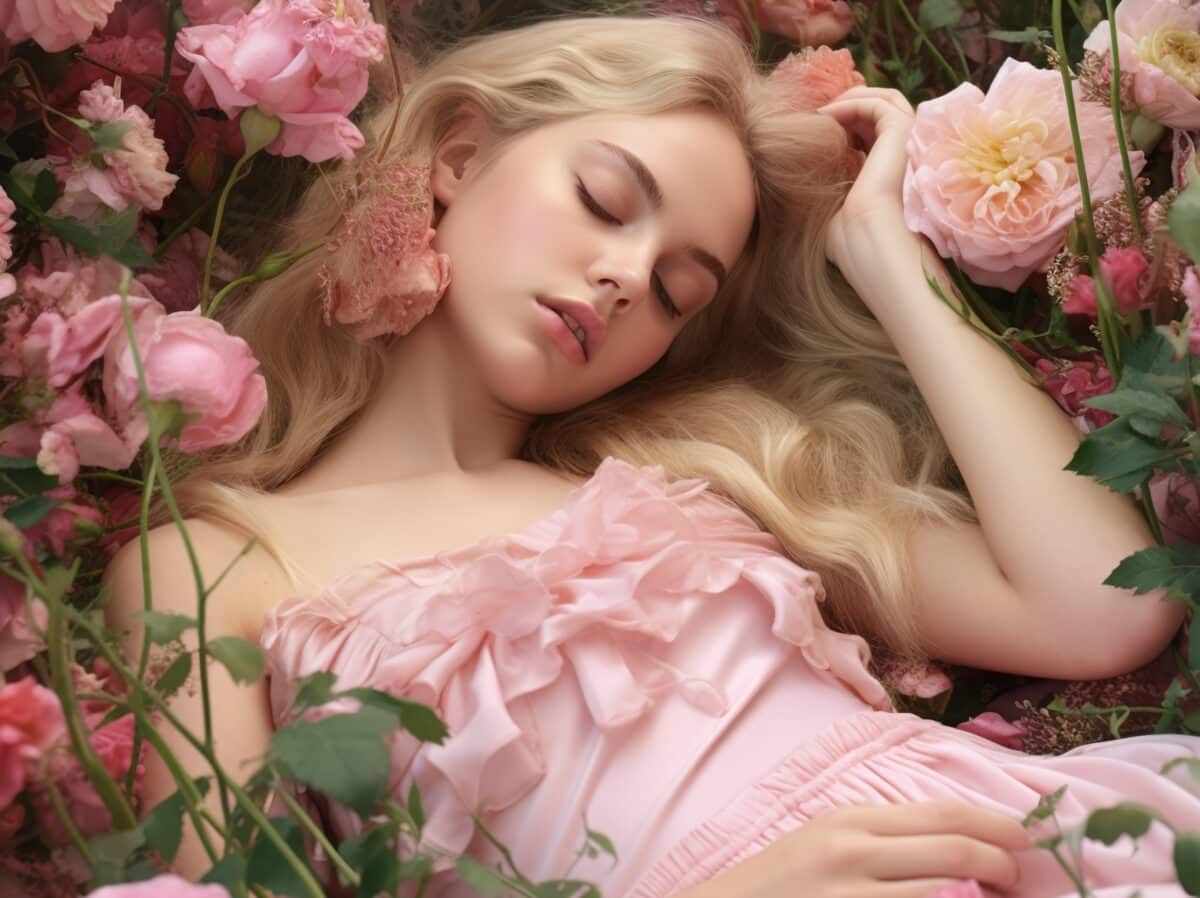 a pretty lady in pink sleeping in the garden with pink blooms