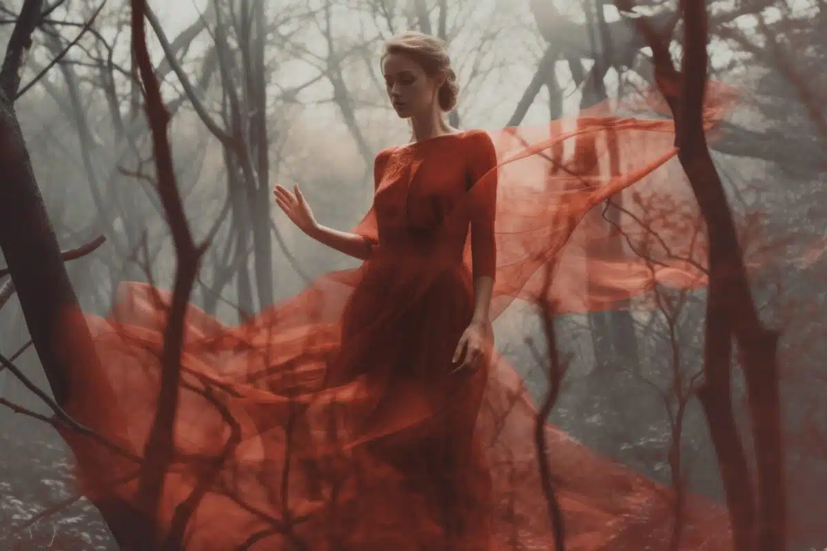 a mysterious woman in a flowy red dress is walking through the woods