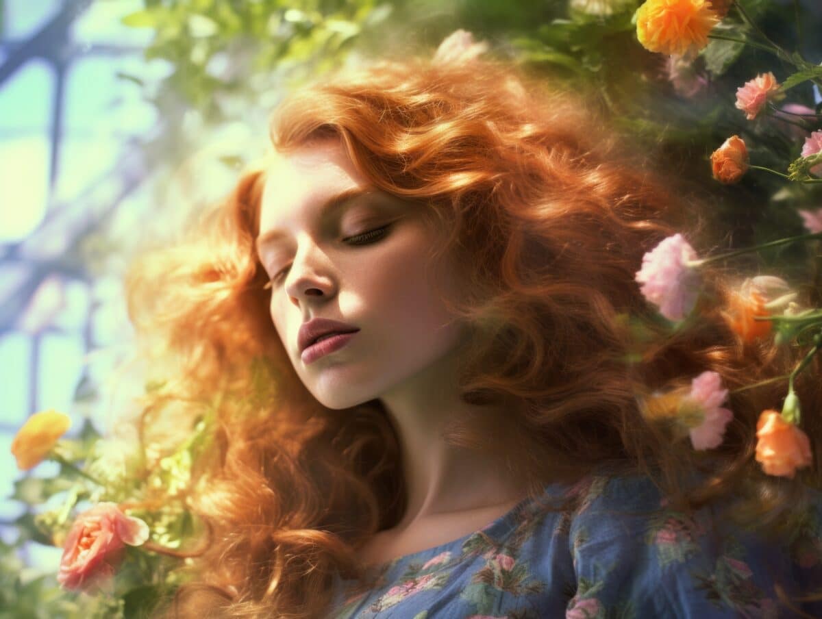 a stunning red haired woman in garden surrounded by flowers