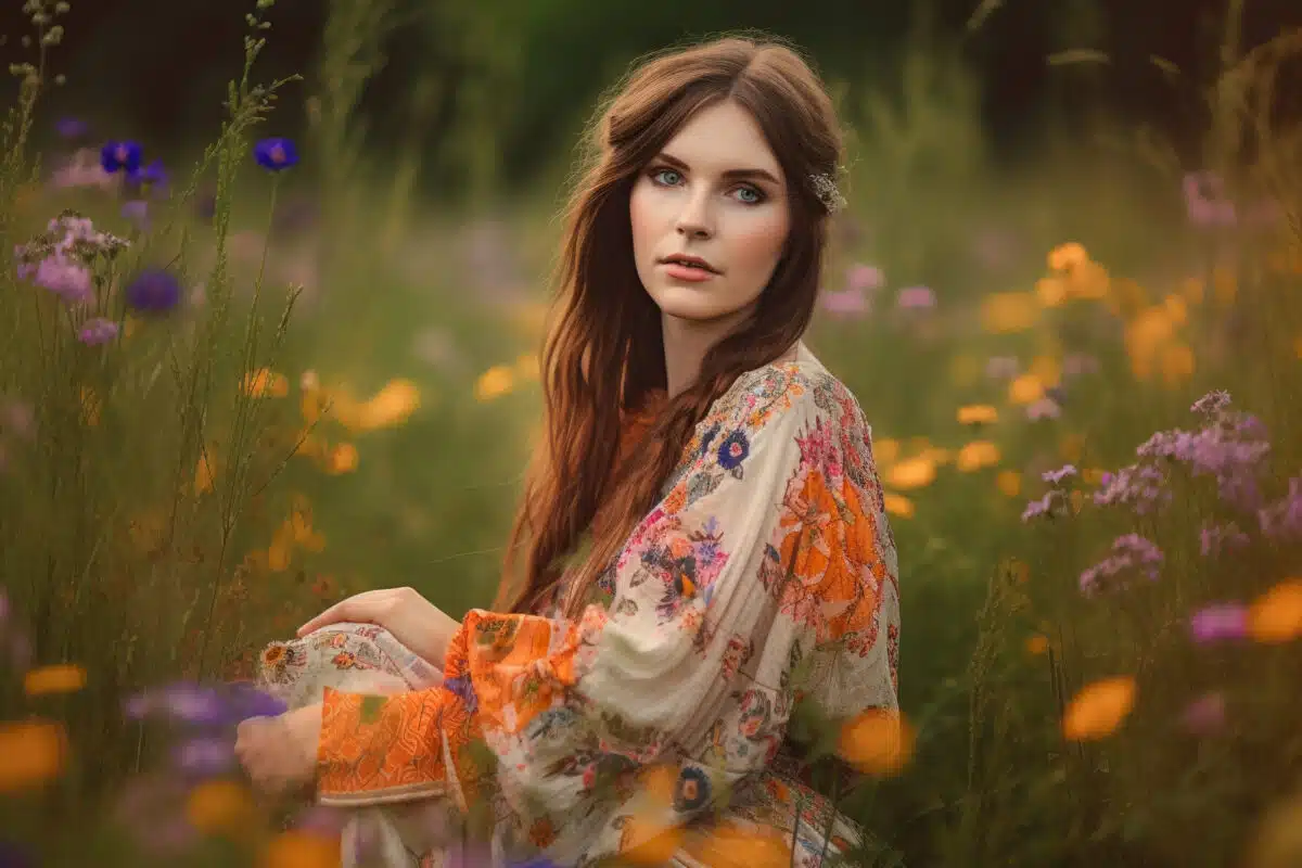 a woman in a bohemian style is relaxing in a lush field with wildflowers in a dreamy atmosphere