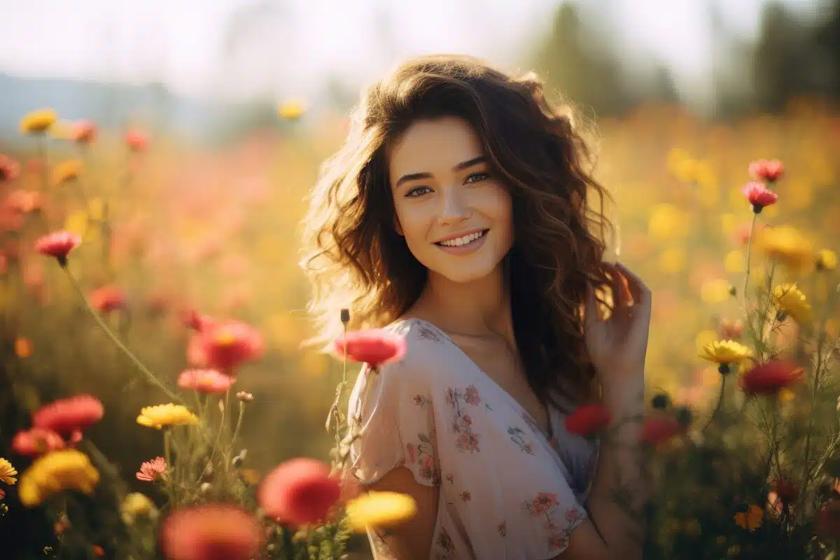 a radiant woman basking in the beauty of a floral field